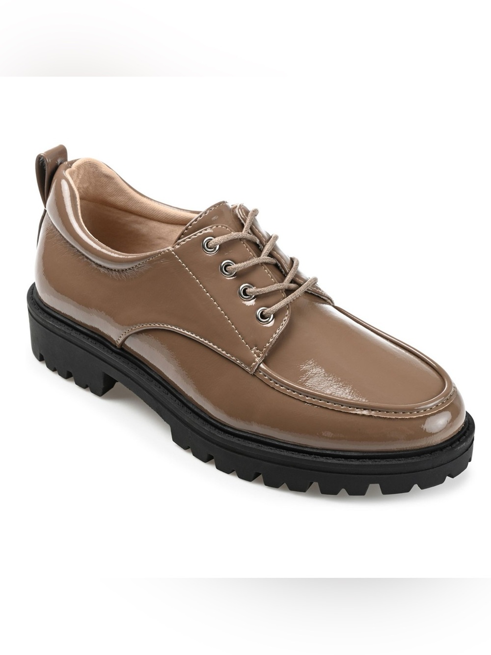 Women’s Taupe Patent Leather Lace-Up Chunky Sole Oxfords